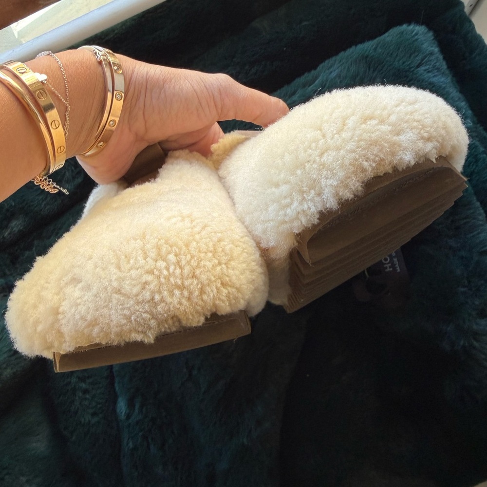 Seavees Cream Shearling Clogs with Tan Strap - Picture 5 of 10